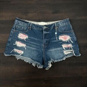 Y2K Project Rebel Distressed Denim Shorts‎ Red Gingham Plaid Patches Fray Hem 13